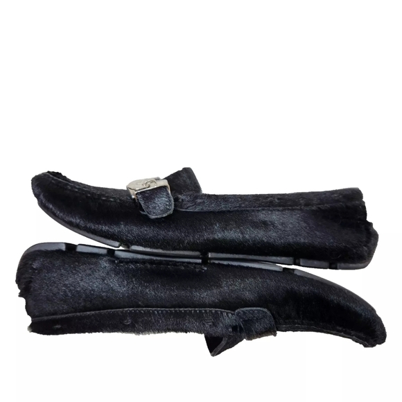 PRADA Pony Calf Hair Driving Loafers COA Sz 37/7 US Logo Charm Black Driver - Picture 12 of 16